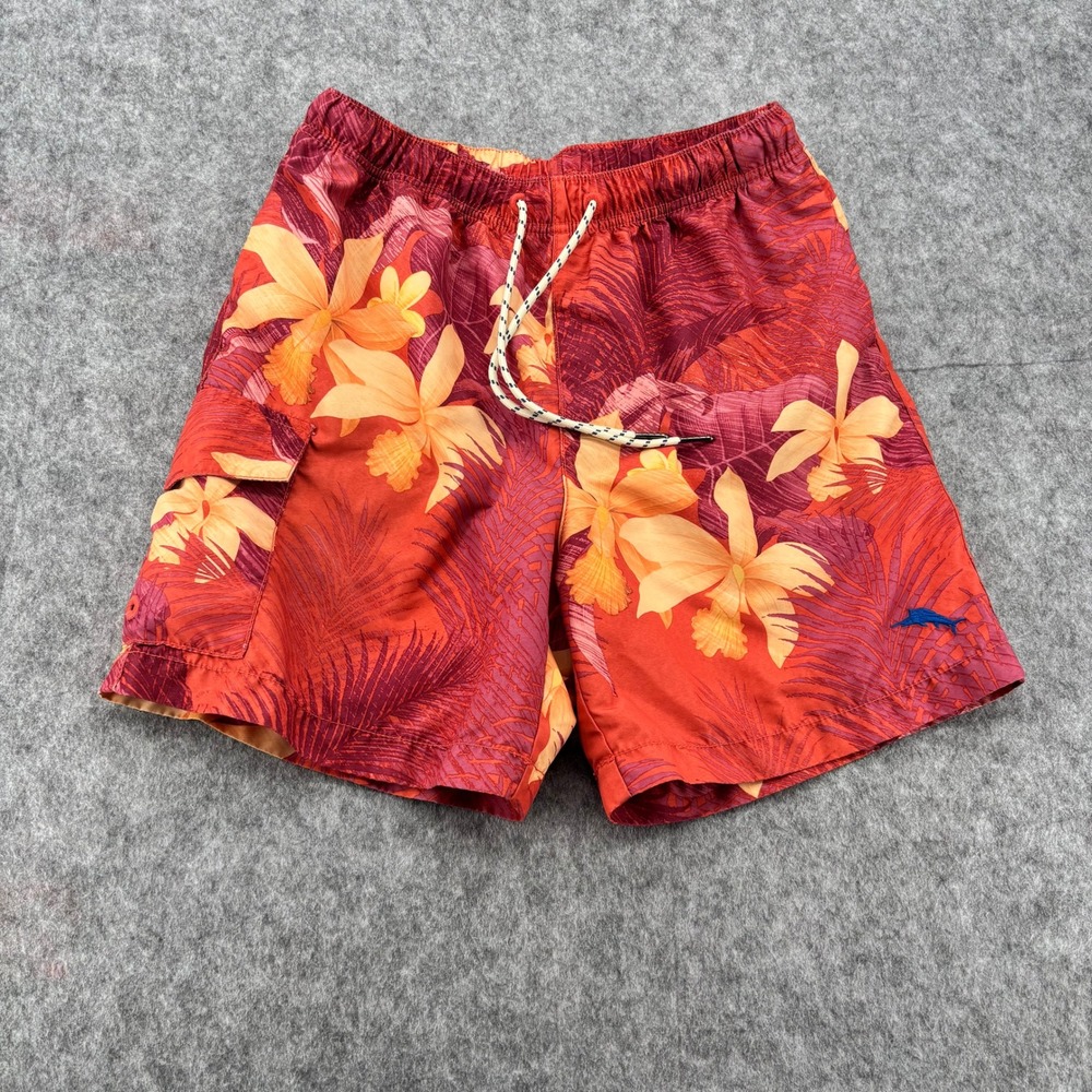 Tommy Bahama Mens Red Tropical Floral Swim Trunks Mesh Liner Cargo Pocket Sz S